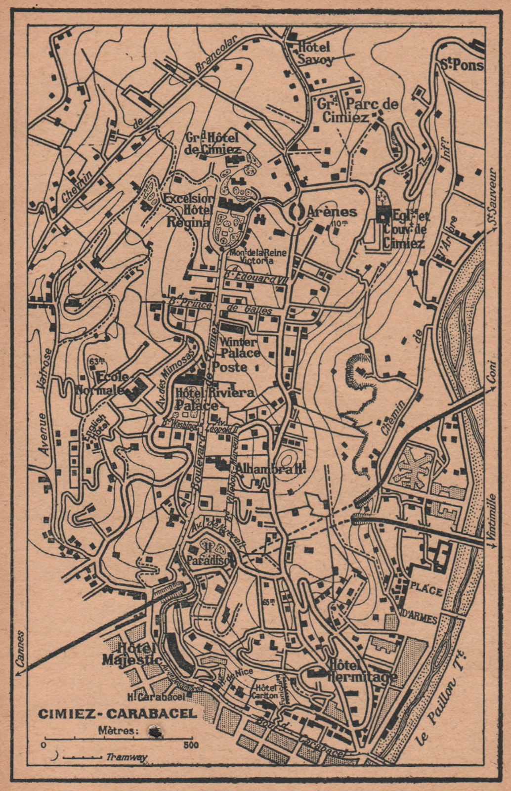 CIMIEZ & CARABACEL, Nice. Vintage town city plan ville. Alpes-Maritimes 1930 map